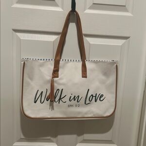 Stylish White and Tan Canvas Tote Bag